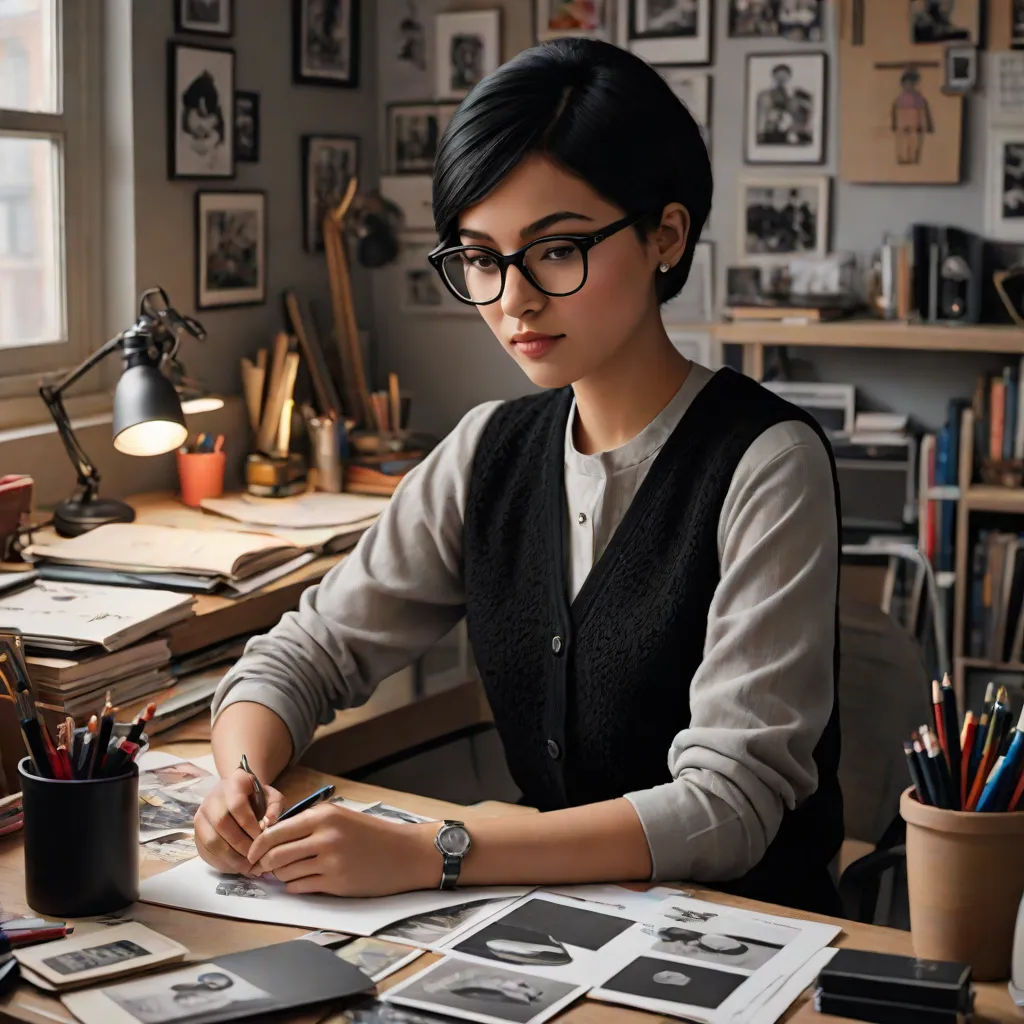 a woman sitting at a desk with a pen and paper in her hand and a book on the desk, computer graphics, Artgerm, academic art, art station