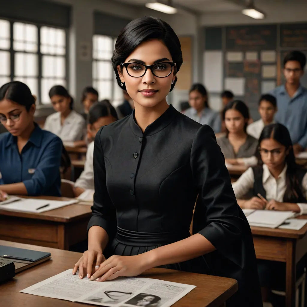 a woman in a black dress sitting at a desk in front of a group of people in a classroom, a computer rendering, Ella Guru, samikshavad, promotional image