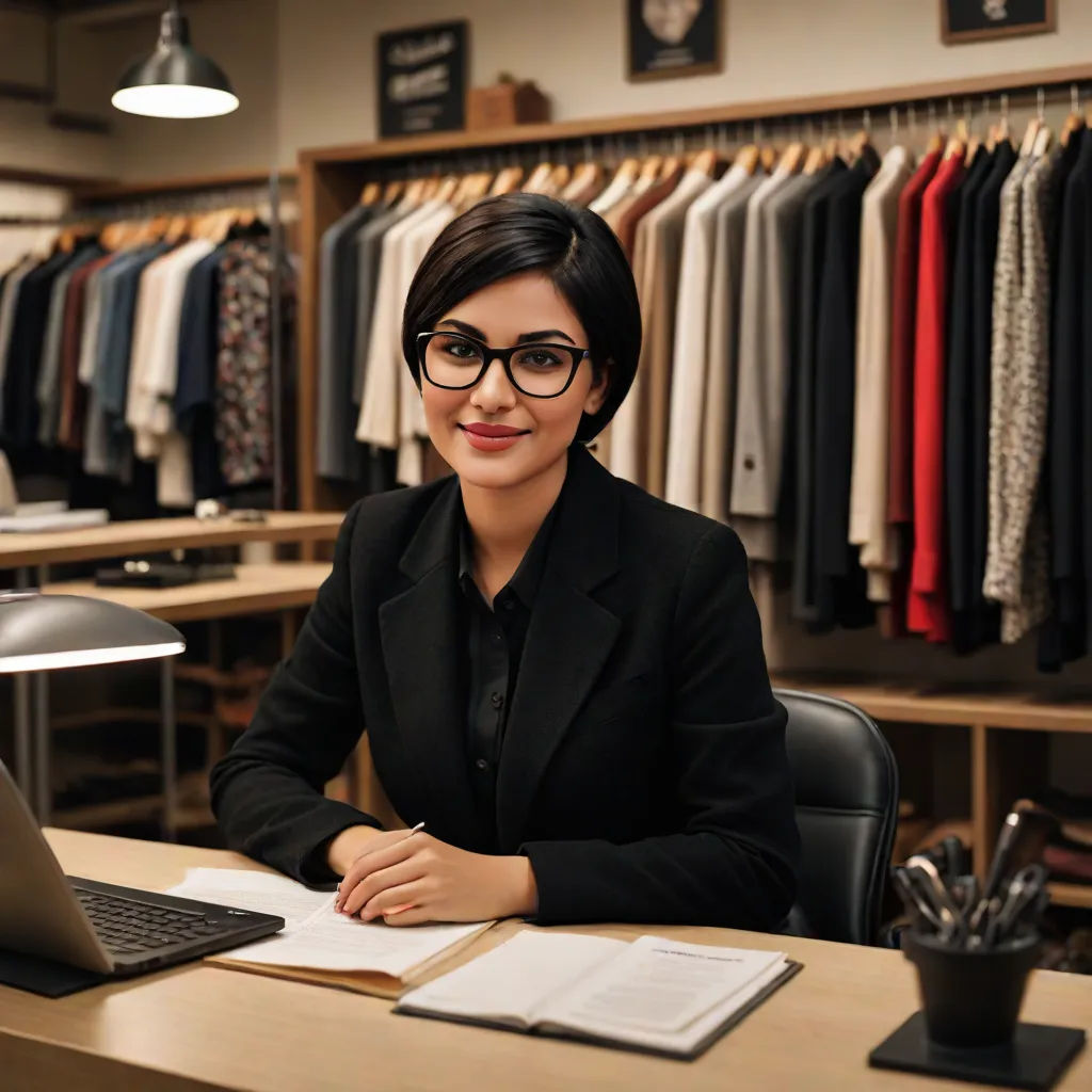 a woman sitting at a desk with a laptop computer in front of her and a bunch of clothes on a rack, a stock photo, Christian Hilfgott Brand, american barbizon school, fashion