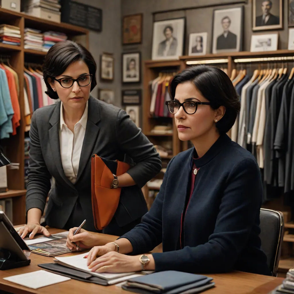 two women in a clothing store looking at a laptop computer screen and writing on a notepad while another woman looks on, a screenshot, Ada Gladys Killins, purism, promotional image