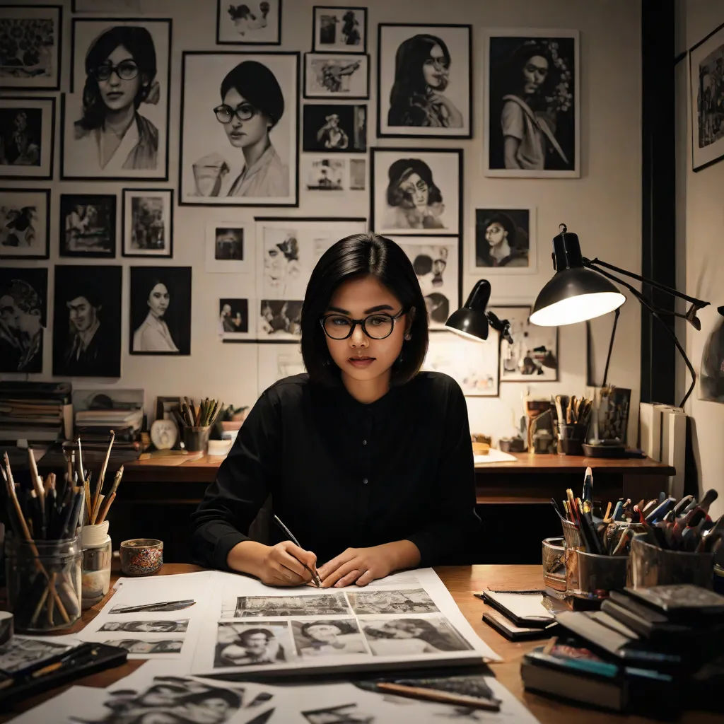 a woman sitting at a desk with a lot of pictures on the wall behind her and a lamp on the desk, a character portrait, Artgerm, bengal school of art, art station