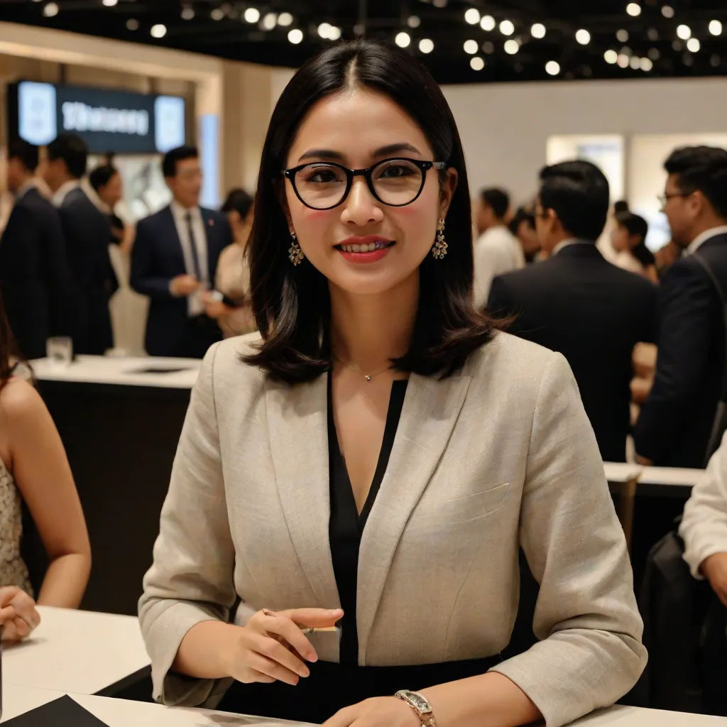 a woman in a suit and glasses sitting at a table with a book and pen in her hand and people in the background, a character portrait, Fan Kuan, purism, glasses
