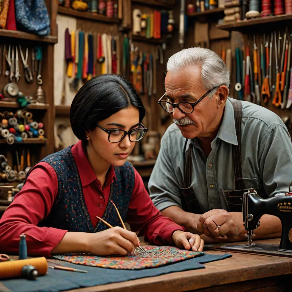 a man and a woman working on a sewing project in a shop with a sewing machine and a sewing machine, a stock photo, Fikret Muallâ Saygı, arts and crafts movement, promotional image