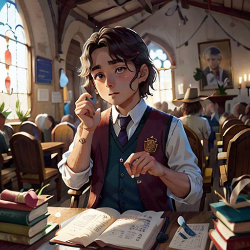 a boy in a school uniform sitting at a table with books and a pen in his hand and a book in his other hand