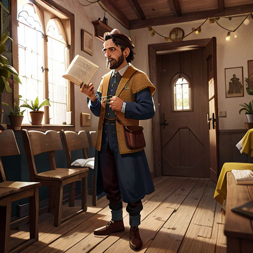 a man in a room with a book in his hand and a chair in the other hand, and a table with a chair and a table with a lamp