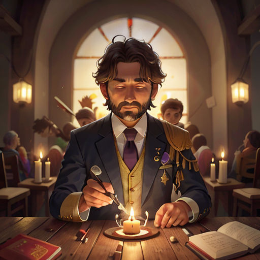 a man sitting at a table with a lit candle in his hand and a book in front of him