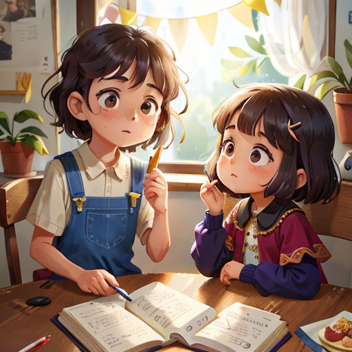 two children sitting at a table with an open book and a pencil in their hand, looking at the pages of a book
