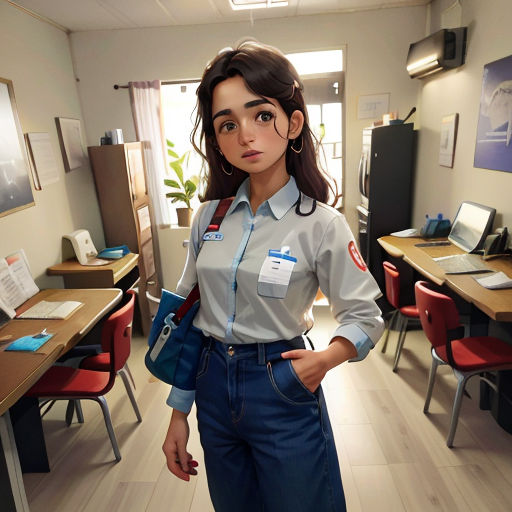 a woman in a uniform standing in a room with desks and chairs in it, with a laptop on the desk
