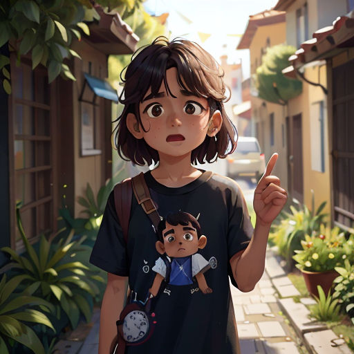 a young girl is standing in the street pointing to the sky with a clock on her shirt and a backpack