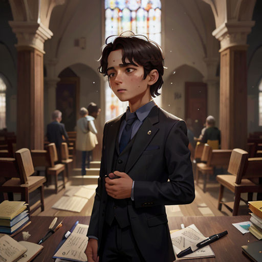 a man in a suit standing in a church with a lot of papers on the floor and a stained glass window