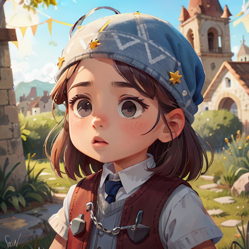 a girl in a hat and dress standing in front of a castle with a clock tower in the background