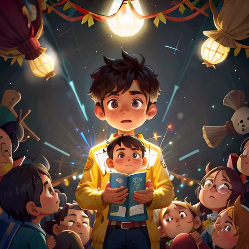 a boy reading a book in front of a crowd of people in a dark room with a light bulb above him