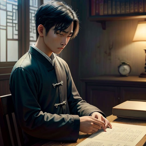 a man sitting at a table with a book and lamp on it's side and a lamp on top of the table