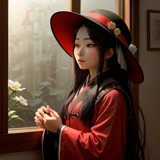 a woman in a red dress and a red hat is looking out a window with a flower in her hand