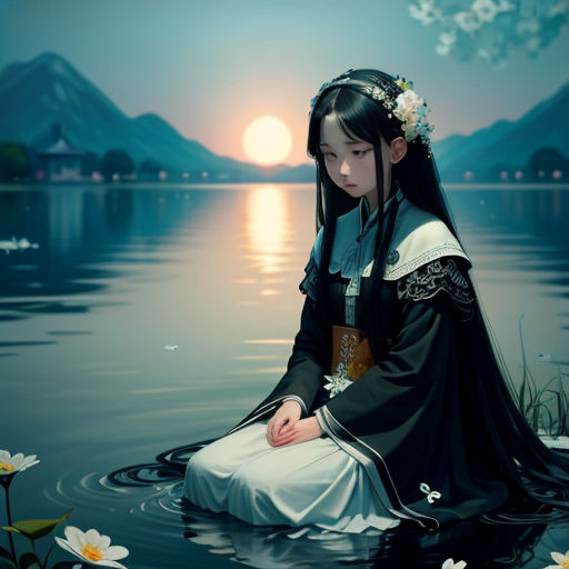 a woman sitting in the water with a flower in her hair and a dress on her head, with a lake in the background
