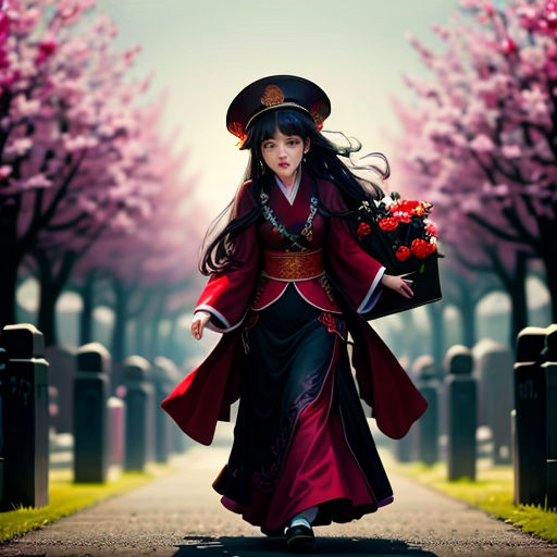 a woman in a costume walking down a road with flowers in her hand and a hat on her head