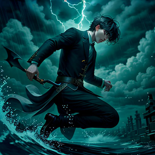 a man in a suit and tie holding a sword in the water with a lightning above him and a building in the background