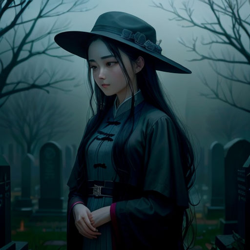 a woman in a black hat and dress standing in a cemetery with trees in the background and foggy sky