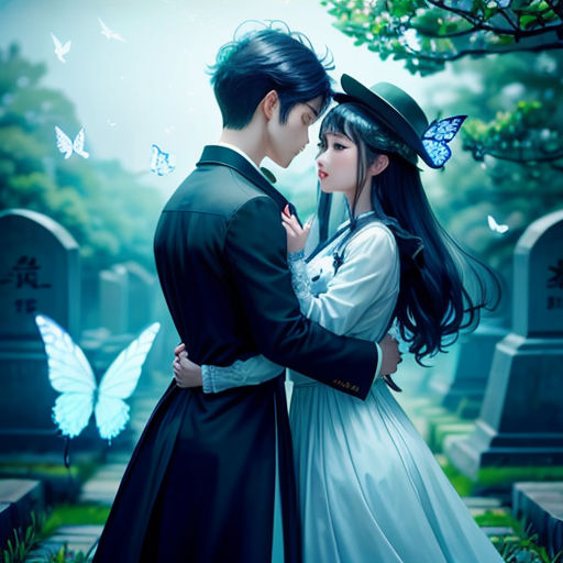 a couple dressed in victorian clothing kissing in a cemetery with butterflies flying around them and a cemetery in the background
