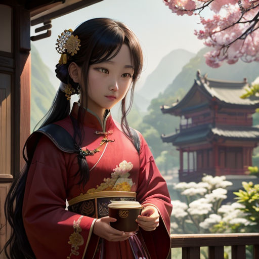 a woman in a red dress holding a cup of coffee in front of a cherry blossom tree with a pagoda in the background