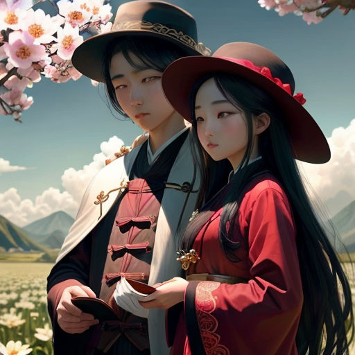 a couple of people standing next to each other near flowers and trees with a sky background and clouds in the background