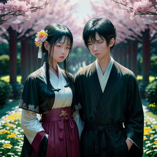 a couple of people standing next to each other in a field of flowers and trees with pink flowers on their heads
