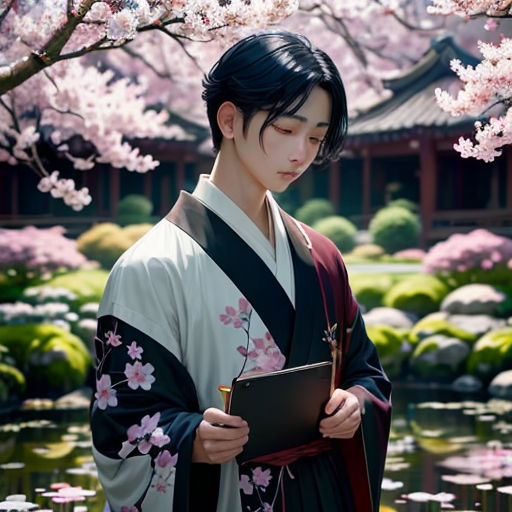 a man in a kimono standing in front of a pond of water and flowers with a tablet in his hand