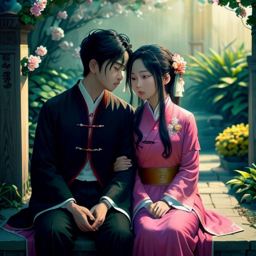 a couple sitting on a bench in front of a tree with flowers on it and a man in a kimono