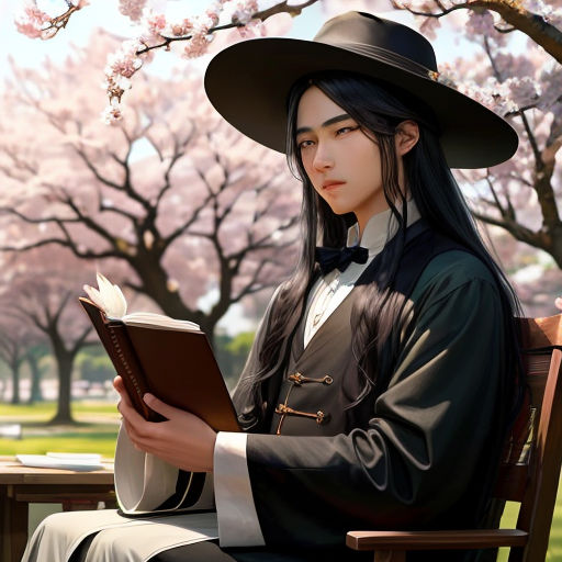 a woman in a hat is reading a book on a bench in a park with cherry trees in the background