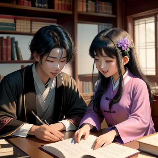 a couple of people sitting at a table with books and a pen in hand and a book in front of them