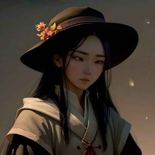a woman wearing a hat and a kimono and a flower in her hair, with a bird flying in the background