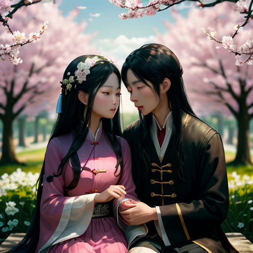a couple of people sitting on a bench under a tree with pink flowers in the background and a blue sky