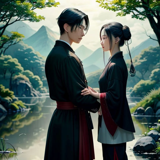 a couple of people standing next to each other near a lake and mountains in the background with trees and rocks