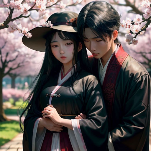 a couple dressed in traditional japanese clothing under a cherry blossom tree in a park in springtime photo by a fan