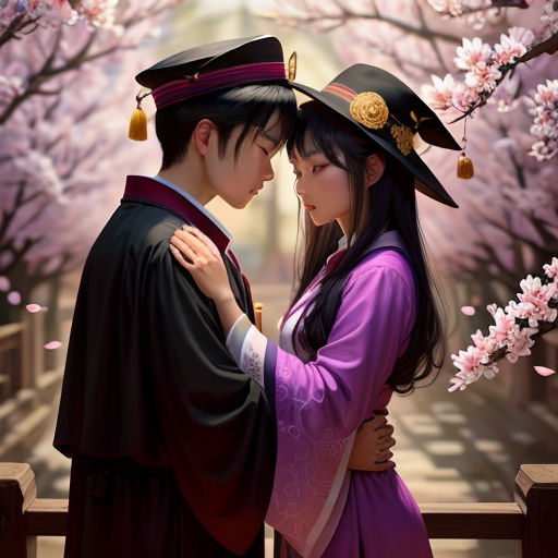 a couple in traditional japanese dress standing next to each other in front of a cherry blossom tree with a man in a black hat