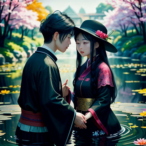 a couple of people standing in a pond of water with flowers on the water and trees in the background