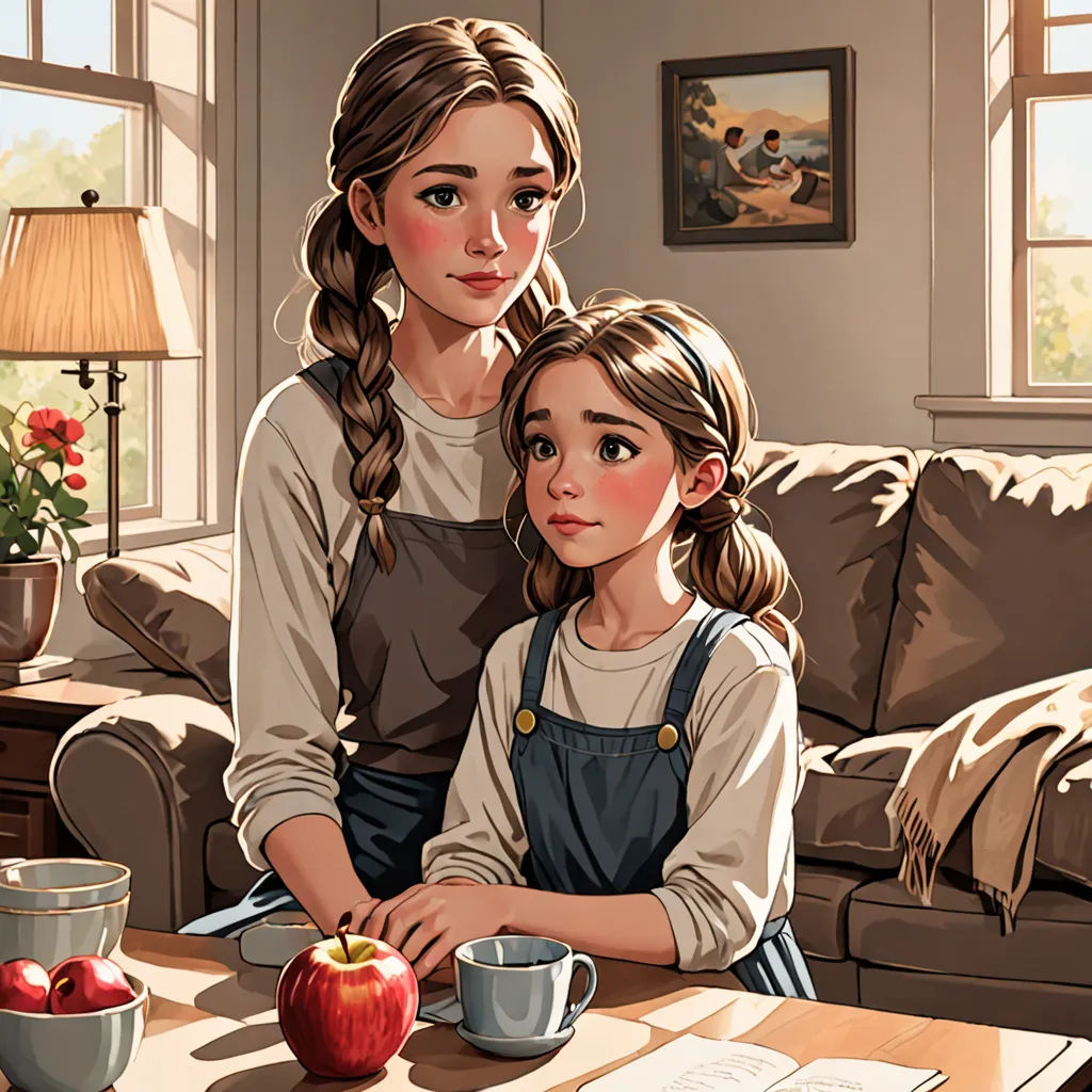 a painting of a mother and daughter sitting at a table with apples and a cup of coffee in front of them, american scene painting, a storybook illustration, Artgerm, storybook illustration