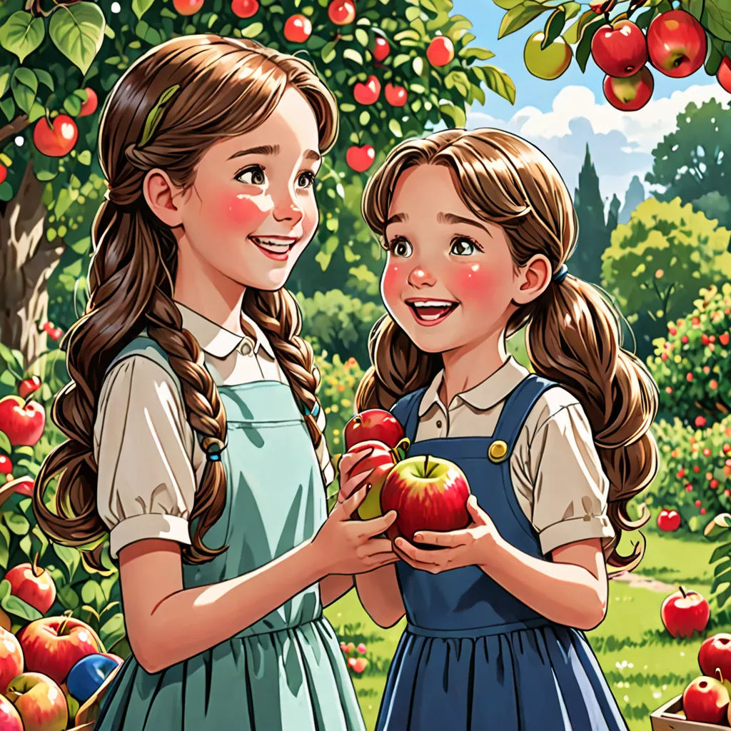 two girls are standing in a field of apples and smiling at each other, with apples in the background, lyco art, a storybook illustration, Brothers Hildebrandt, official art
