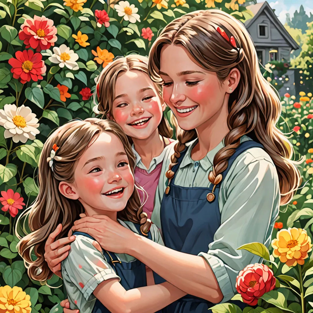 a painting of two girls hugging each other in a garden of flowers and flowers with a house in the background, fantastic realism, a storybook illustration, Constance Gordon-Cumming, highly detailed digital painting