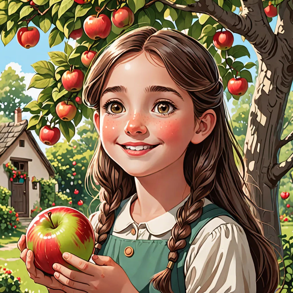 a girl holding an apple in front of a tree with apples on it and a house in the background, fantasy art, a storybook illustration, Artgerm, trending on art station