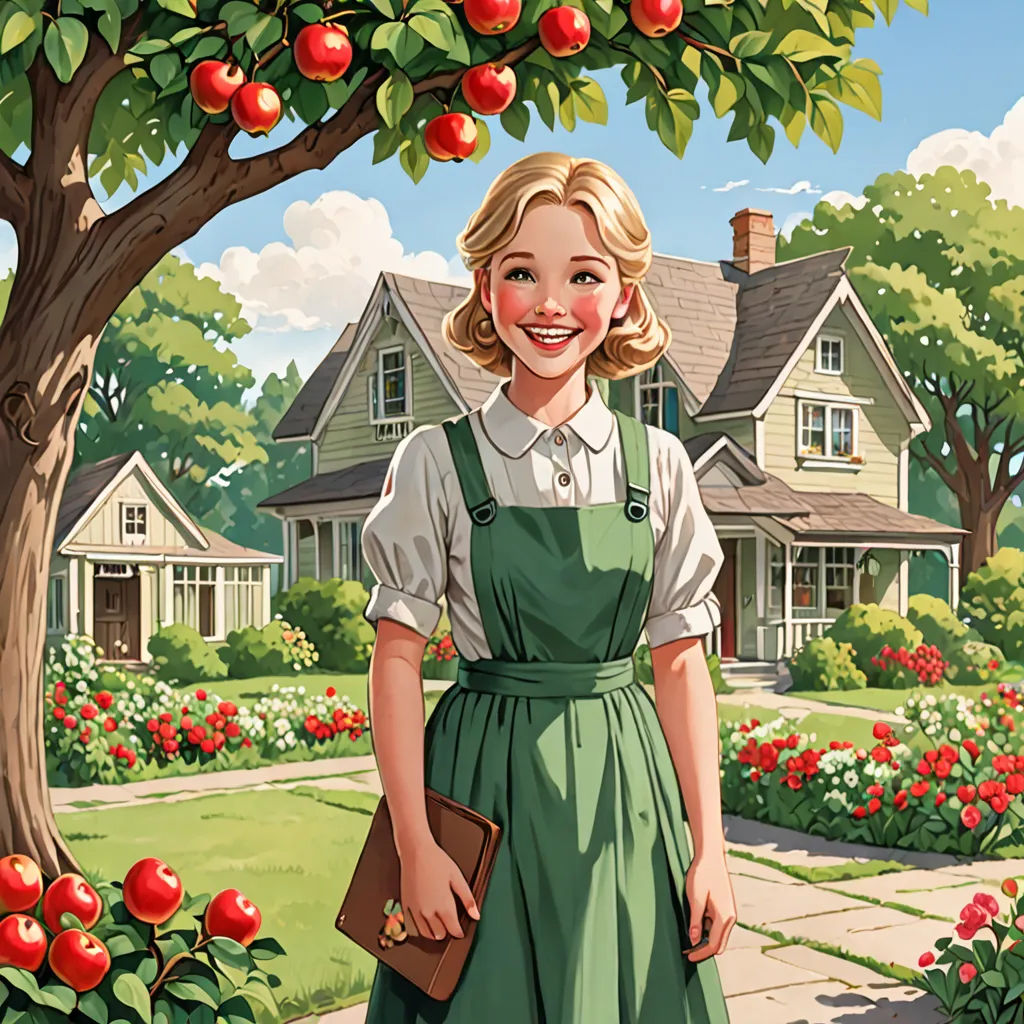 a woman in a green dress standing under a tree with apples on it and a house in the background, american scene painting, a character portrait, Edwin Georgi, promotional image