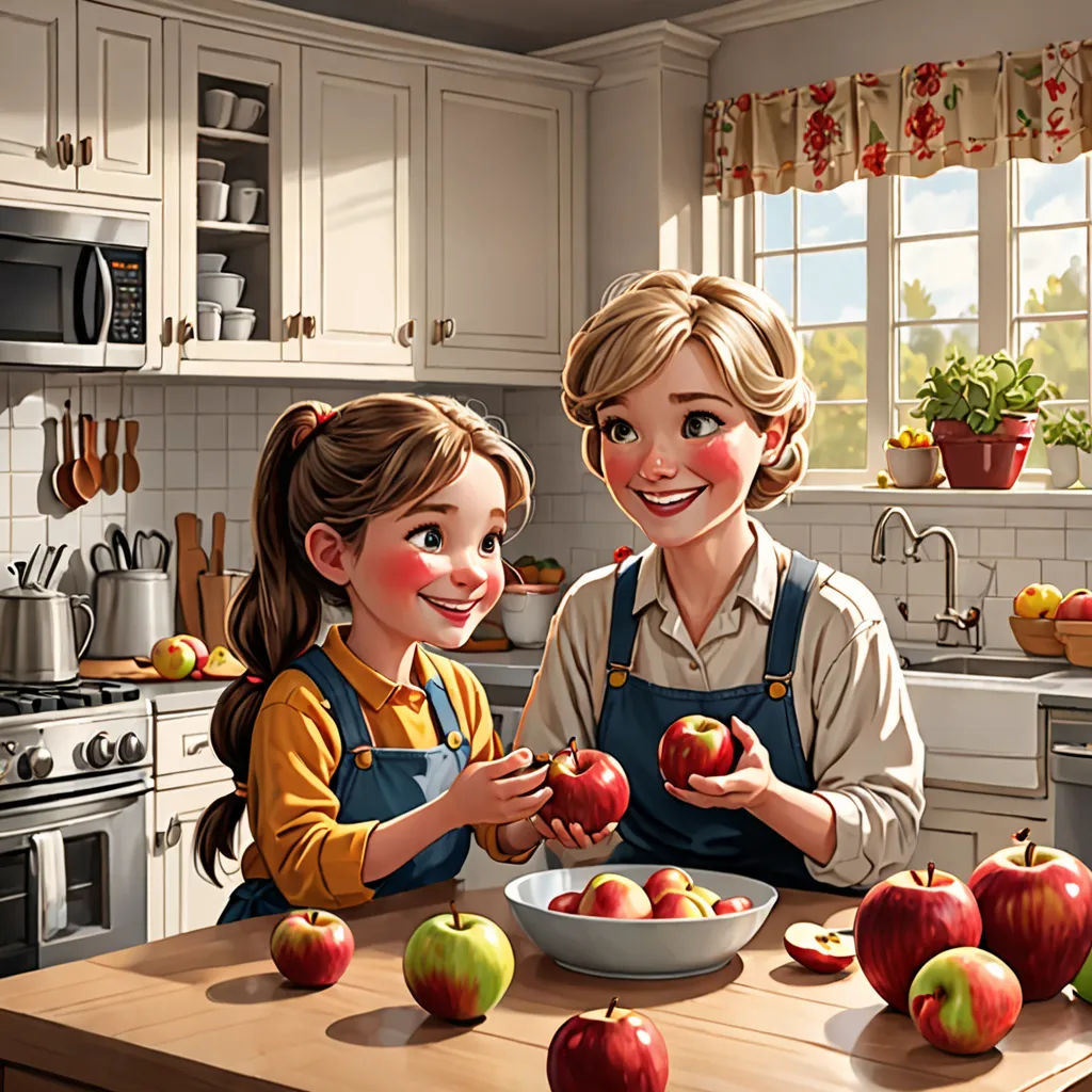 a painting of two girls in a kitchen with apples in front of them and a bowl of apples in the foreground, american scene painting, a storybook illustration, Cliff Childs, storybook illustration