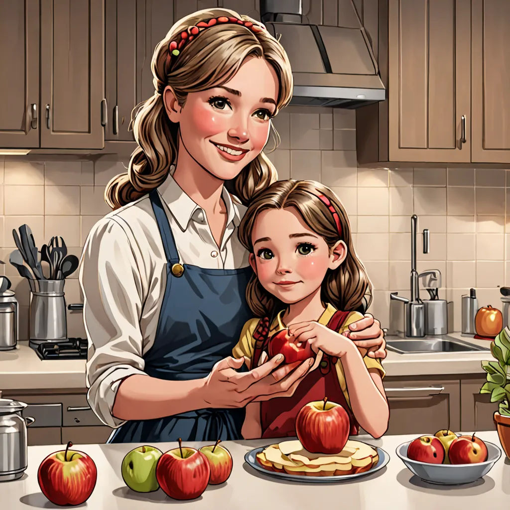 a woman and a girl are standing in a kitchen with apples on the counter and a plate of pancakes, american realism, a storybook illustration, Elizabeth Forbes, trending on art station