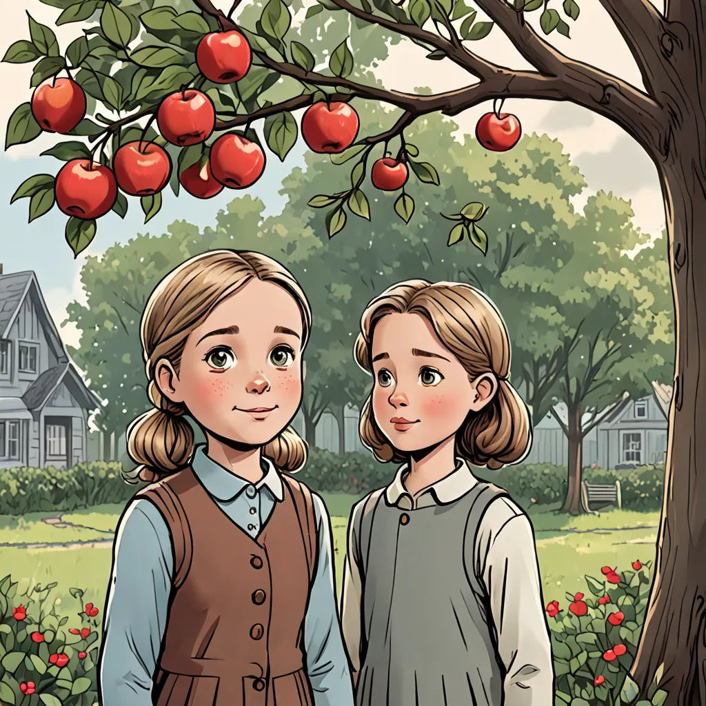 two girls standing under a tree with apples on it, in front of a house and a field of flowers, fantastic realism, a storybook illustration, Bob Byerley, comic cover art