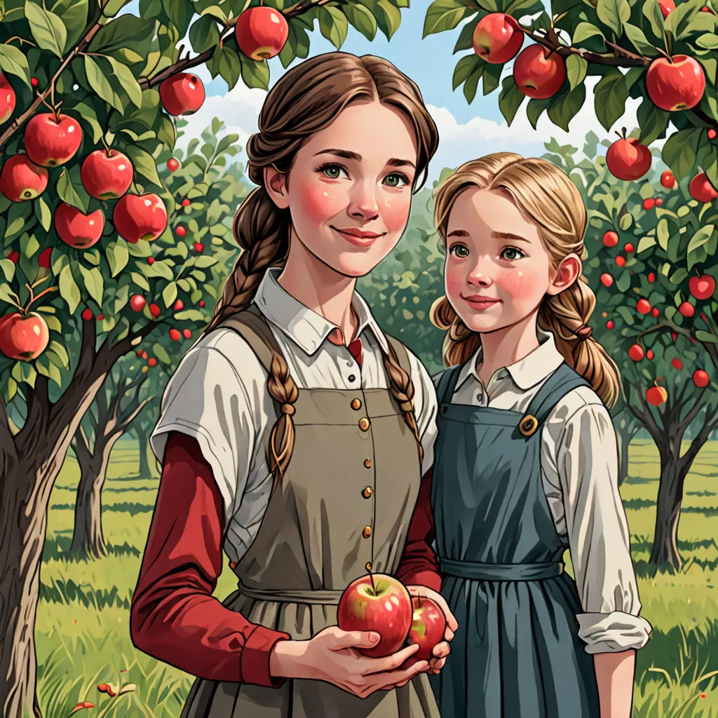 a painting of two girls standing in front of an apple tree holding apples in their hands and looking at the camera, figurative art, a storybook illustration, Brothers Hildebrandt, trending on art station