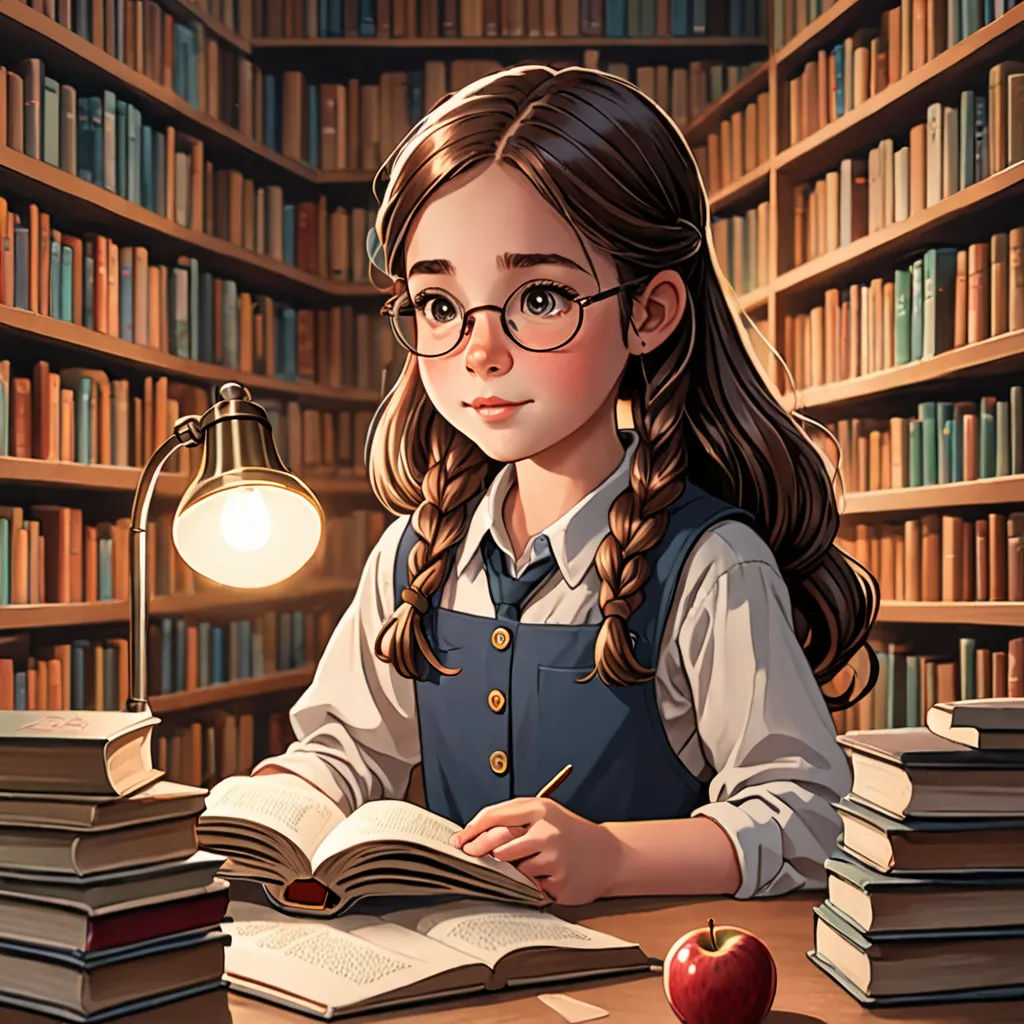 a girl sitting at a table with a book and an apple in front of her and a lamp on the table, fantasy art, a storybook illustration, Cyril Rolando, storybook illustration