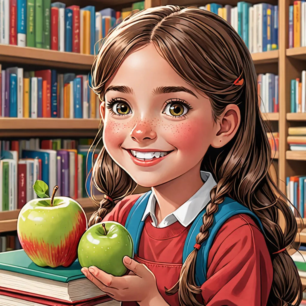a girl holding an apple and a book in front of a library full of books and bookshelves, art & language, a storybook illustration, Artgerm, storybook illustration