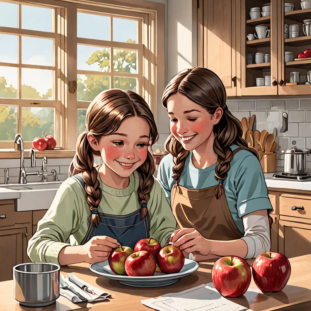 two girls are cutting apples on a kitchen counter top together, with a pan of apples in the background, american scene painting, a storybook illustration, Colin Middleton, detailed illustration