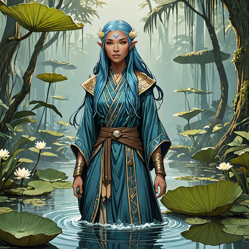a woman in a blue dress standing in a pond of water with lily pads around her and a forest background, Donato Giancola, fantasy art, a character portrait, magic the gathering artwork