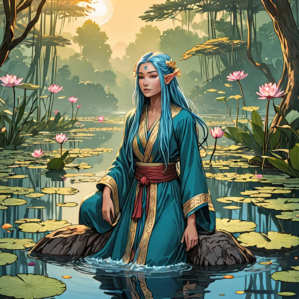 a woman in a blue dress sitting on a rock in a pond of water with lily pads and trees, Donato Giancola, fantasy art, a character portrait, magic the gathering artwork